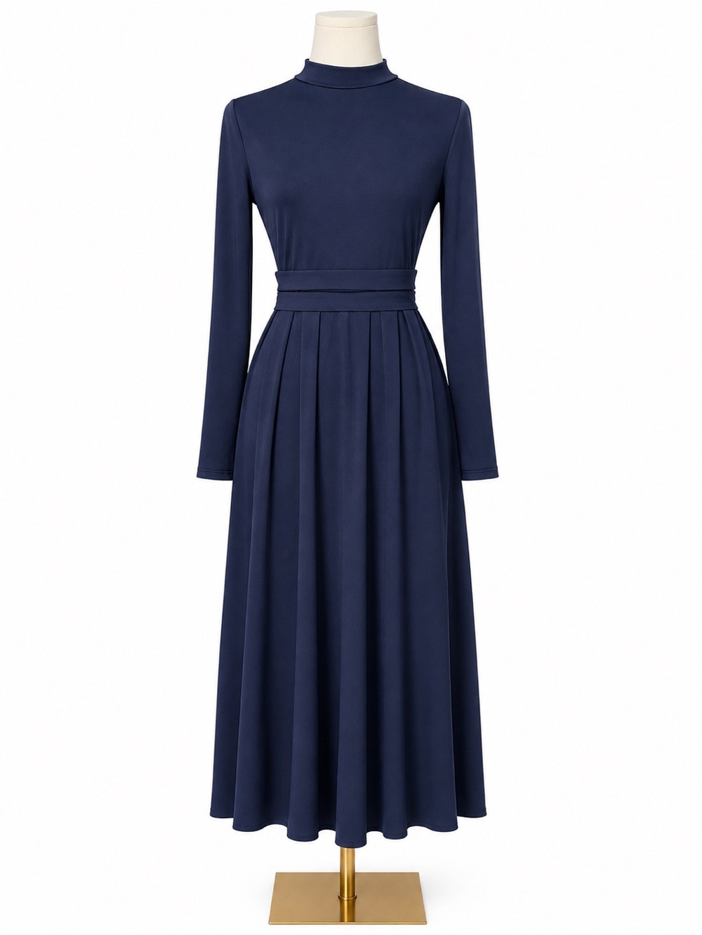 HALARA Navy Mock-Neck Long Sleeve Pleated Maxi Dress